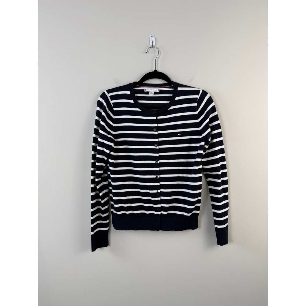 Tommy Hilfiger Cardigan S Navy White‎ Striped Button Front Crew Neck Preppy